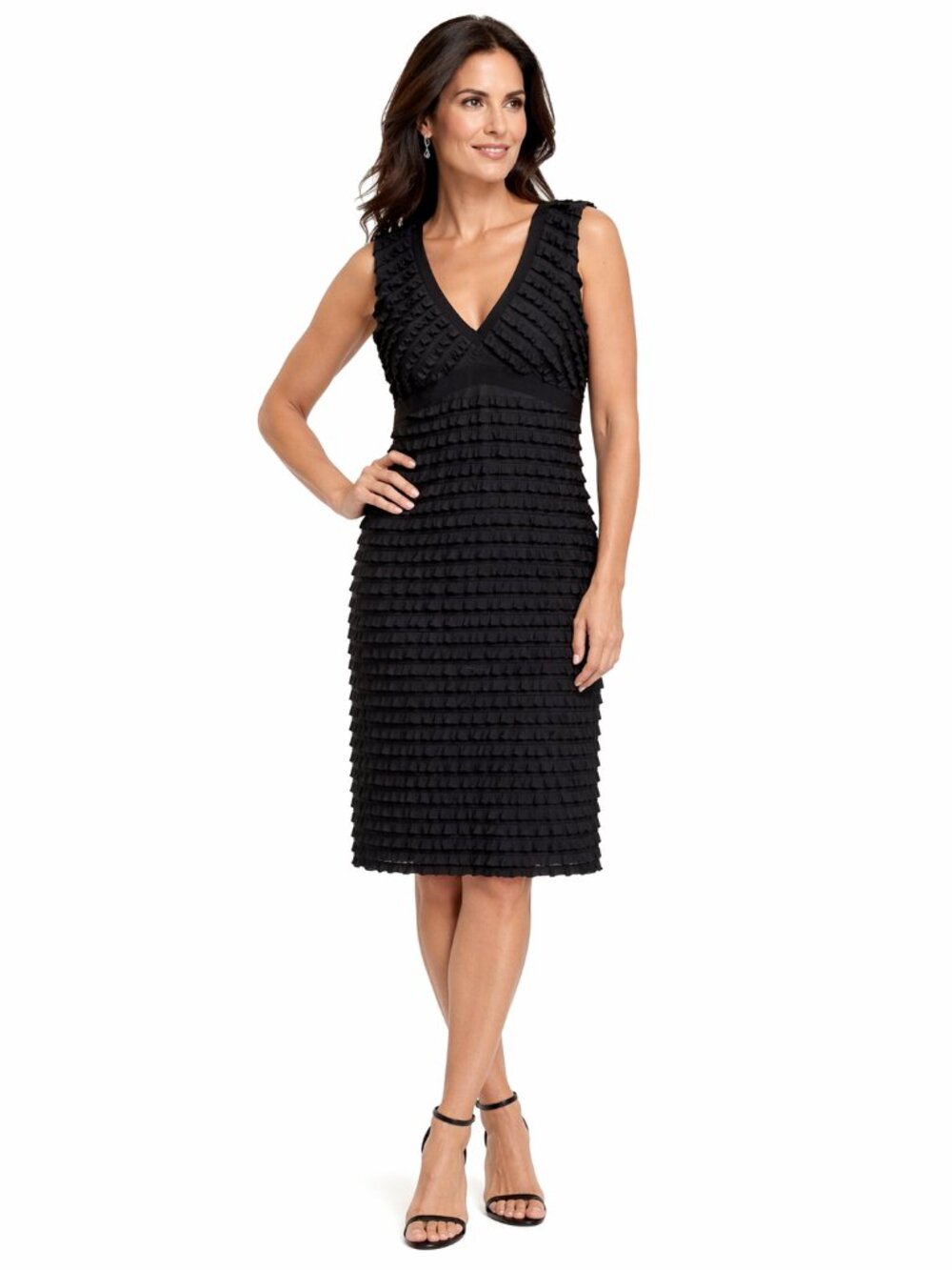 JOSEPH RIBKOFF Ruffle Stripe Sleeveless Knee Length Stretch Dress Black Women 12